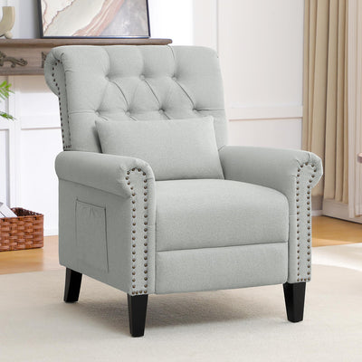 choairy Pushback Recliner Chair, Accent Push Back Chair with Adjustable Footrest Wingback, Upholstered Linen Fabric Reclining Sofa with Side Pocket, Comfy Modern Armchair for Living Room, Light Grey