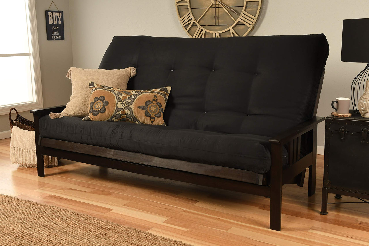 Kodiak Furniture Monterey Queen Futon Set in Espresso Finish, Suede Black - WoodArtSupply