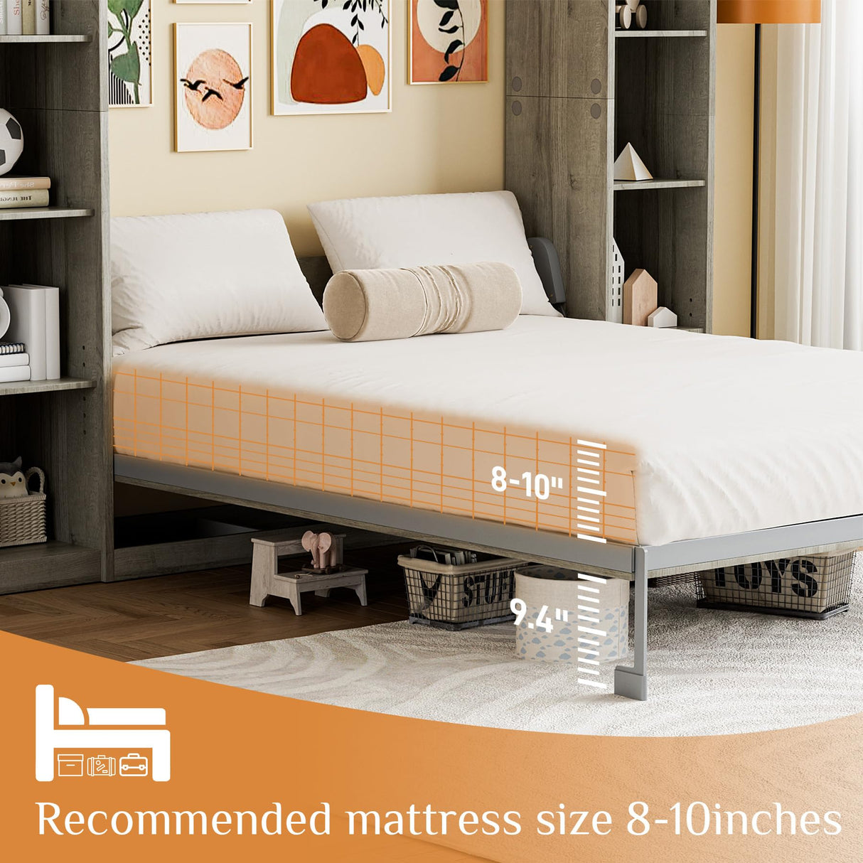 BEQAI Murphy Bed Queen with Storage Bookcase & 4 Adjustable Shelves, Queen Murphy Bed Cabinet Bed, Foldable Space Saving Furniture Beds, Wood Wall Bed for Guest Room, Bedroom, Grey BEQAI