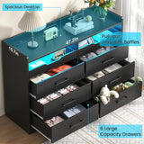 OTUTUMUS 6 Drawer Dresser for Bedroom with Charging Station & LED Light, 47.2" Black 6 Drawer Dresser with 2 Pull-Out Tray, Wood Dresser Organizer for Living Room/Closet/Hallway OTUTUMUS