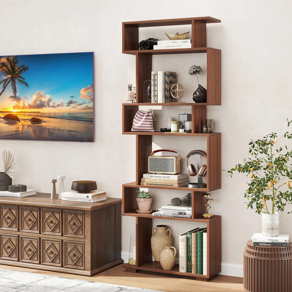Tangkula 6-Tier S-Shaped Bookshelf, 64" Freestanding Geometric Bookcase, Home Office Wood Storage Shelf with Anti-Toppling Device, Room Divider Display Rack for Study, Living Room (1, Walnut) Tangkula