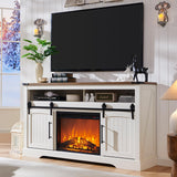 OKD Farmhouse Fireplace TV Stand for 70 Inch TV, 34" Tall Highboy Entertainment Center w/Electric Fireplace, Rustic Media Console w/Sliding Arched Door for Living Room,Antique White OKD