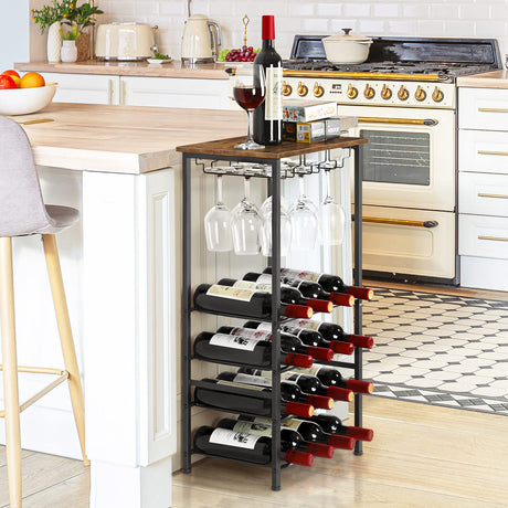 Wine Rack Freestanding Floor, Rustic Wine Holder Stand with Wine Storage and Bottle Shelf, 16 Bottles Floor Wine Rack Shelf for Kitchen Dining Room, Office, Bar, Rustic Brown OYEAL