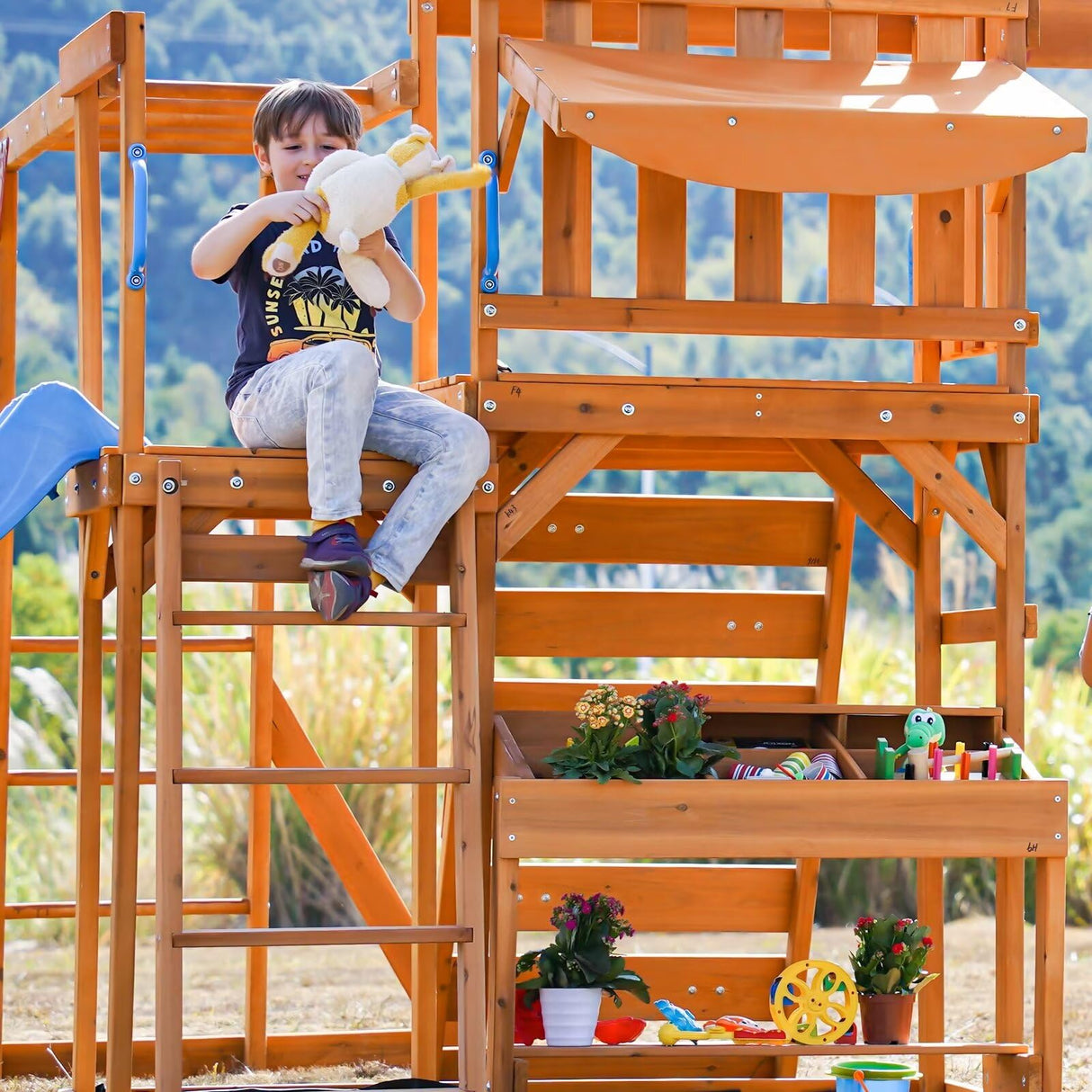 Dolphin Playground Swing Sets for Backyard with Monkey bar, Wooden Playground Sets for Backyards with 8FT Wave Slide, Multi-Functional Shelf, 2 Belt Swings, Outdoor Playset for Kids 3-10 DOLPHIN PLAYGROUND T