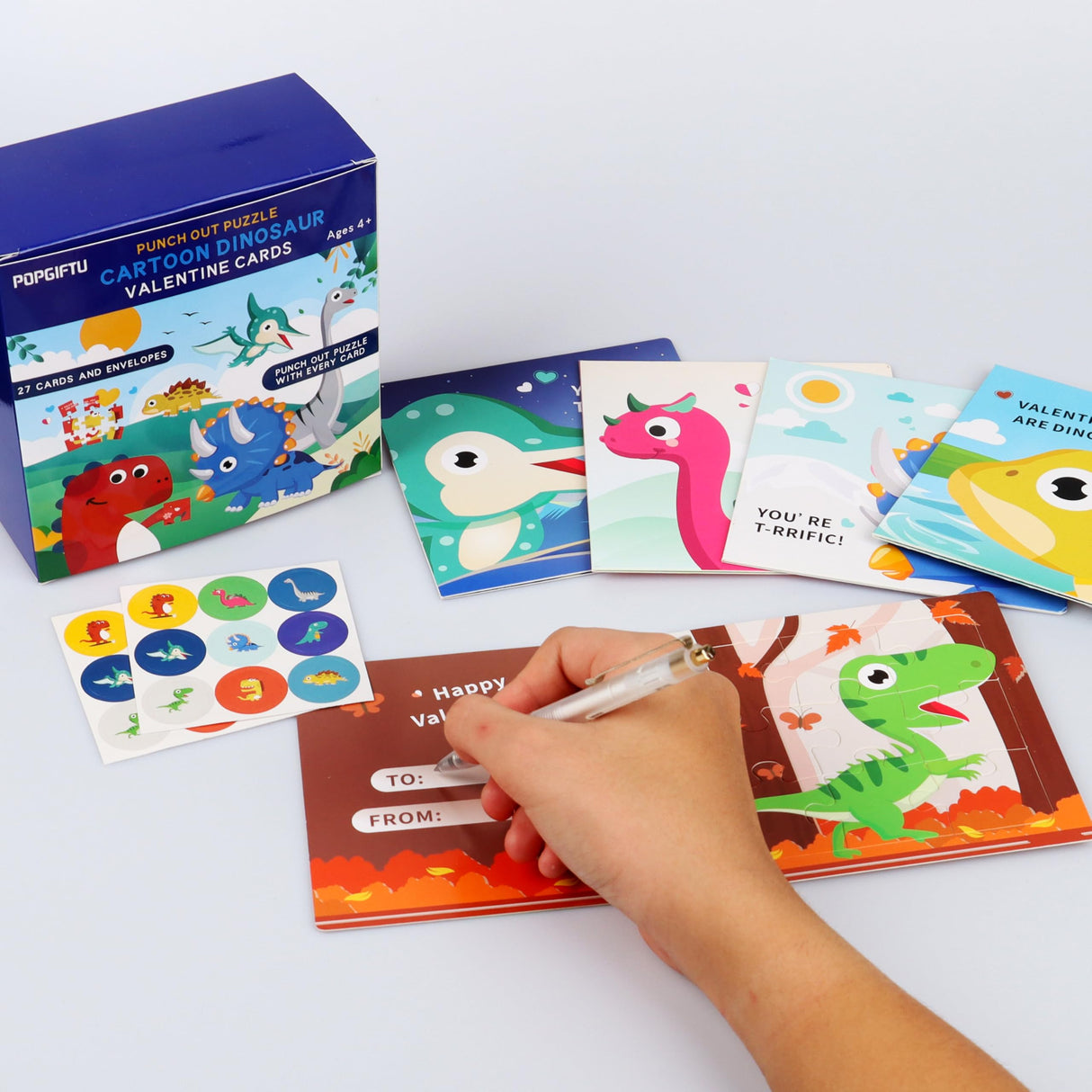 Valentine's Day Puzzle for Kids, 27 Pack Dinosaur Jigsaw Puzzle Cards with Envelopes & Stickers Bulk -for School Classroom Class Boys Girls Toddlers Gift Exchanges and Kids Valentines Party Favor Sets POPGIFTU