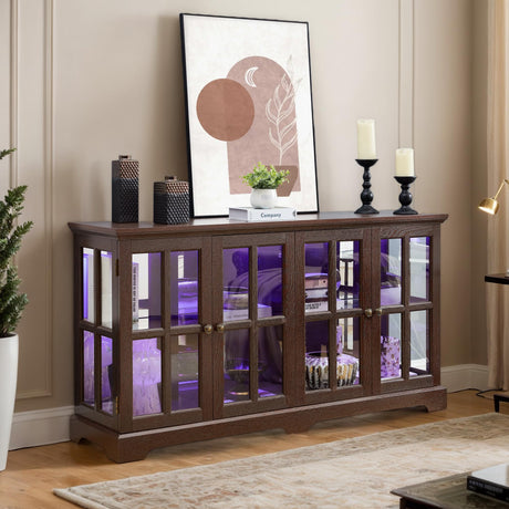 CKEASEAN 59" W LED Curio Display Cabinet, Glass Vintage Cabinet with 4 Glass Doors and Adjustable Shelves for Collectibles, Display Cabinet with Smartphone-Controlled,for Home Office(Dark Cherry) CKEASEAN