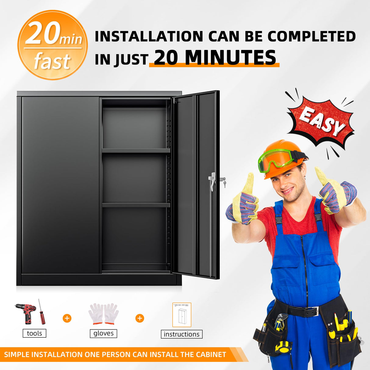 INTERGREAT Metal Storage Cabinet, 42” Steel Locking Cabinet with Doors and Shelves, Black Utility Cabinet Garage Cabinets for Home Office, Garage, Kitchen, Shop INTERGREAT