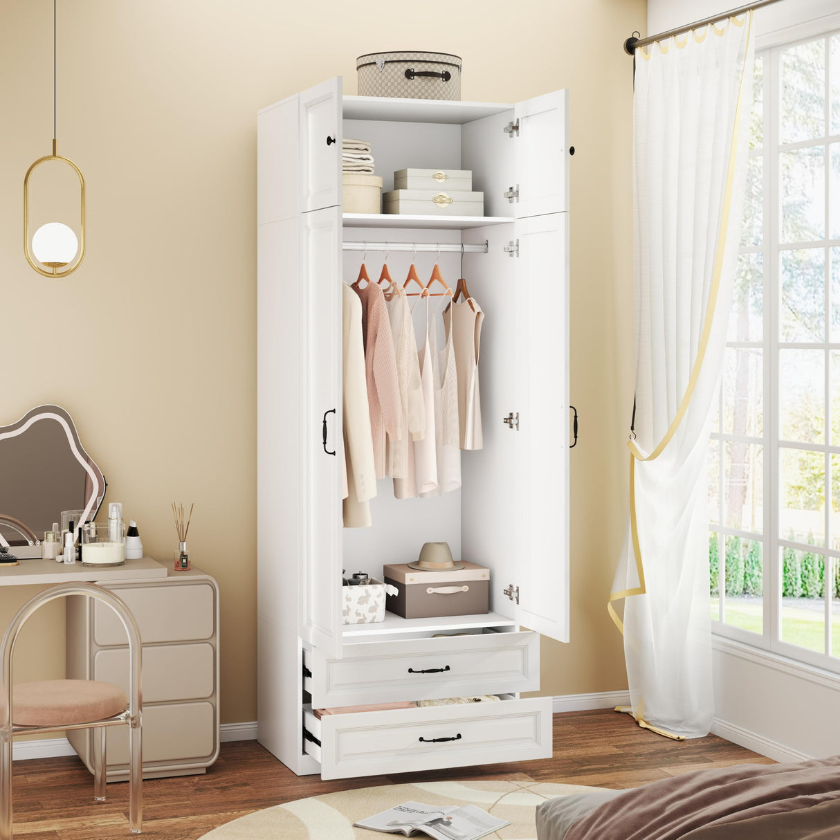 Mhsatyrs Armoire Wardrobe Closet with 2 Drawers: 88" White Bedroom Closet, Wood Wardrobe Closets with 2 Doors, Tall Armoire Cabinet and Storage Shelves for Clothing (31") Mhsatyrs