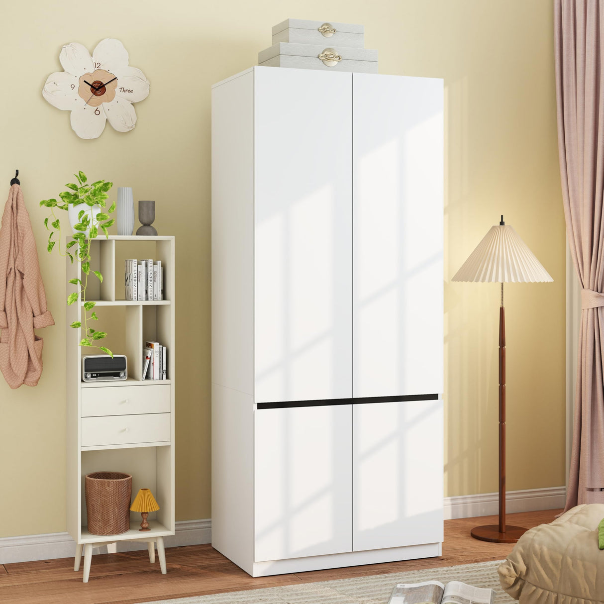 Armoire Wardrobe Closet with Doors: 75" White Large Wardrobe Closet with 2 Doors, Clothes Cabinets for Bedroom Armoires with Storage, Wood Wardrobes Closets for Hanging Clothes (C-Style, 31.5") Mhsatyrs