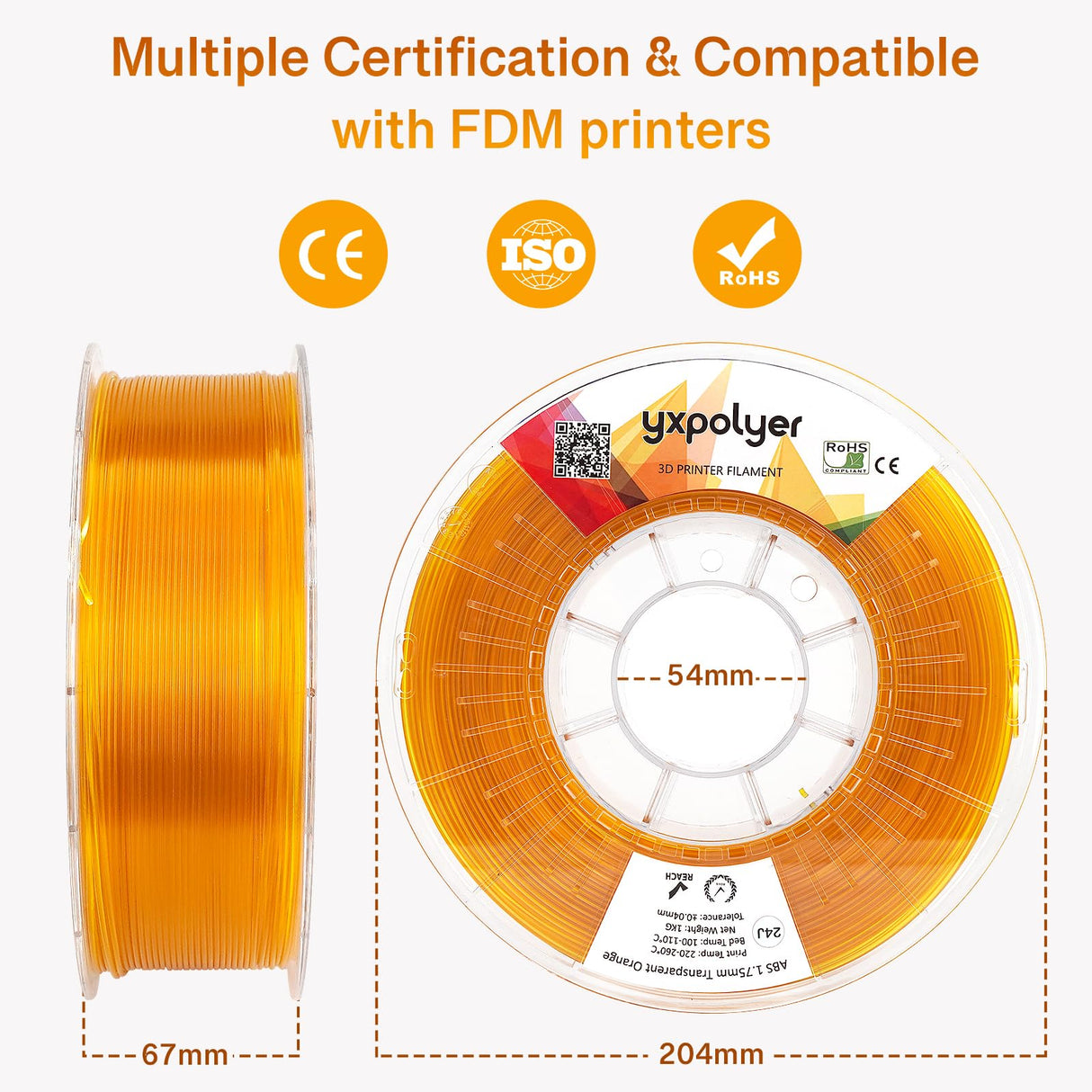 3D Printer Filament ABS Filament ABS+ ABS Pro ABS Plus 3D Printing Filament 1.75mm 1kg 2.2lbs, Transparent Orange yxpolyer