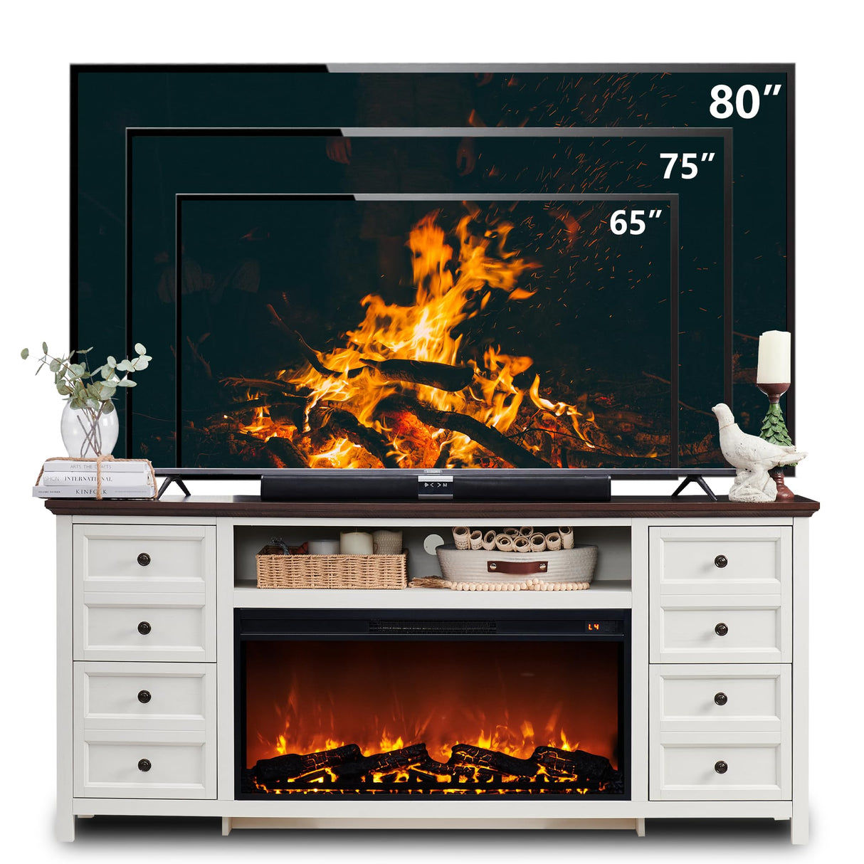IFGET Fireplace TV Stand for TVs up to 80 Inches with 36" Electric Fireplace, 31" Farmhouse Tall Entertainment Center w/Drawer & Adjustable Shelves, Large Media Console for Living Room, 70inch White IFGET