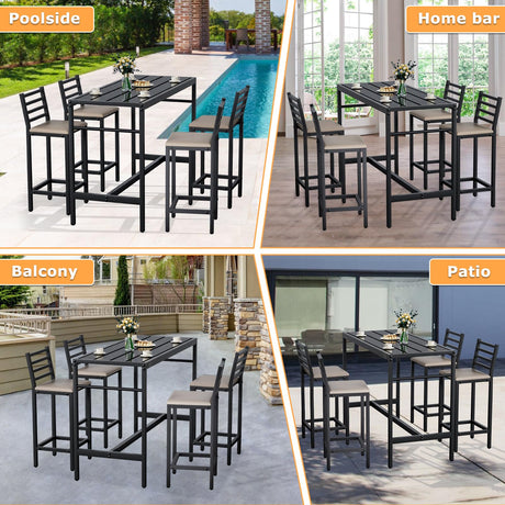 Jinrrenyi 5 Piece Outdoor Patio Bar Set, 54.7" Rectangular Counter Height High Top Bar Tables, 4 Cushioned 41" Bar Stools, Metal Bar Table and Chairs Set for Poolside, Balcony, Backyard, Porch Jinrrenyi