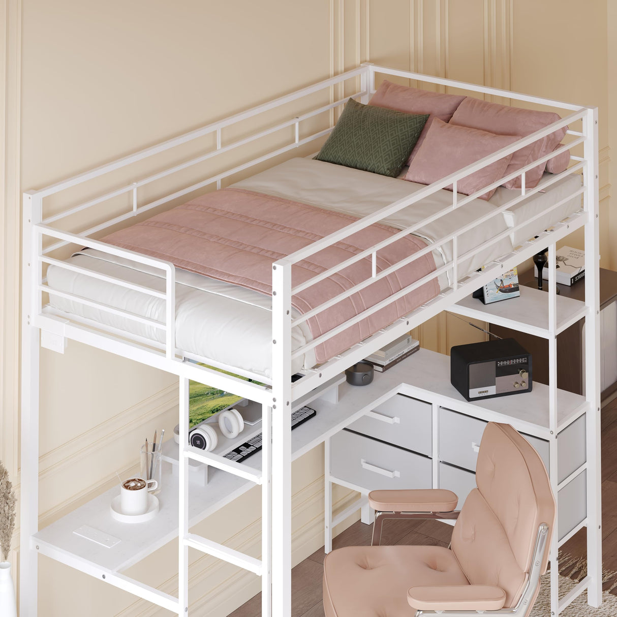 VINGLI Twin Loft Bed with 15 Inches Safety Guardrail/L-Shaped Desk/Flat Rungs, LED Single High Sleeper with 2 Charging Stations/Storage Shelves/Dresser, Heavy Duty Metal Support Slat, White VINGLI