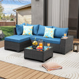 JOYURE 5 Pieces Patio Furniture Set All-Weather Outdoor Wicker Sectional Conversation Sofa Rattan Patio Seating Sofa with Cushion and Glass Table and Ottoman for Porch Poolside,Peacock Blue JOYURE
