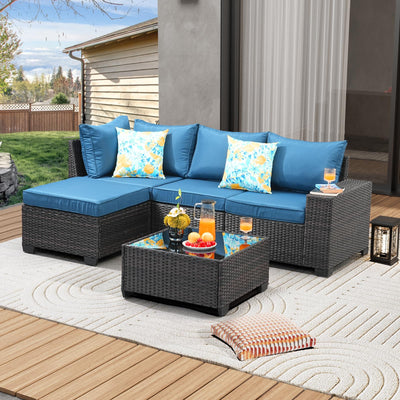 JOYURE 5 Pieces Patio Furniture Set All-Weather Outdoor Wicker Sectional Conversation Sofa Rattan Patio Seating Sofa with Cushion and Glass Table and Ottoman for Porch Poolside,Peacock Blue