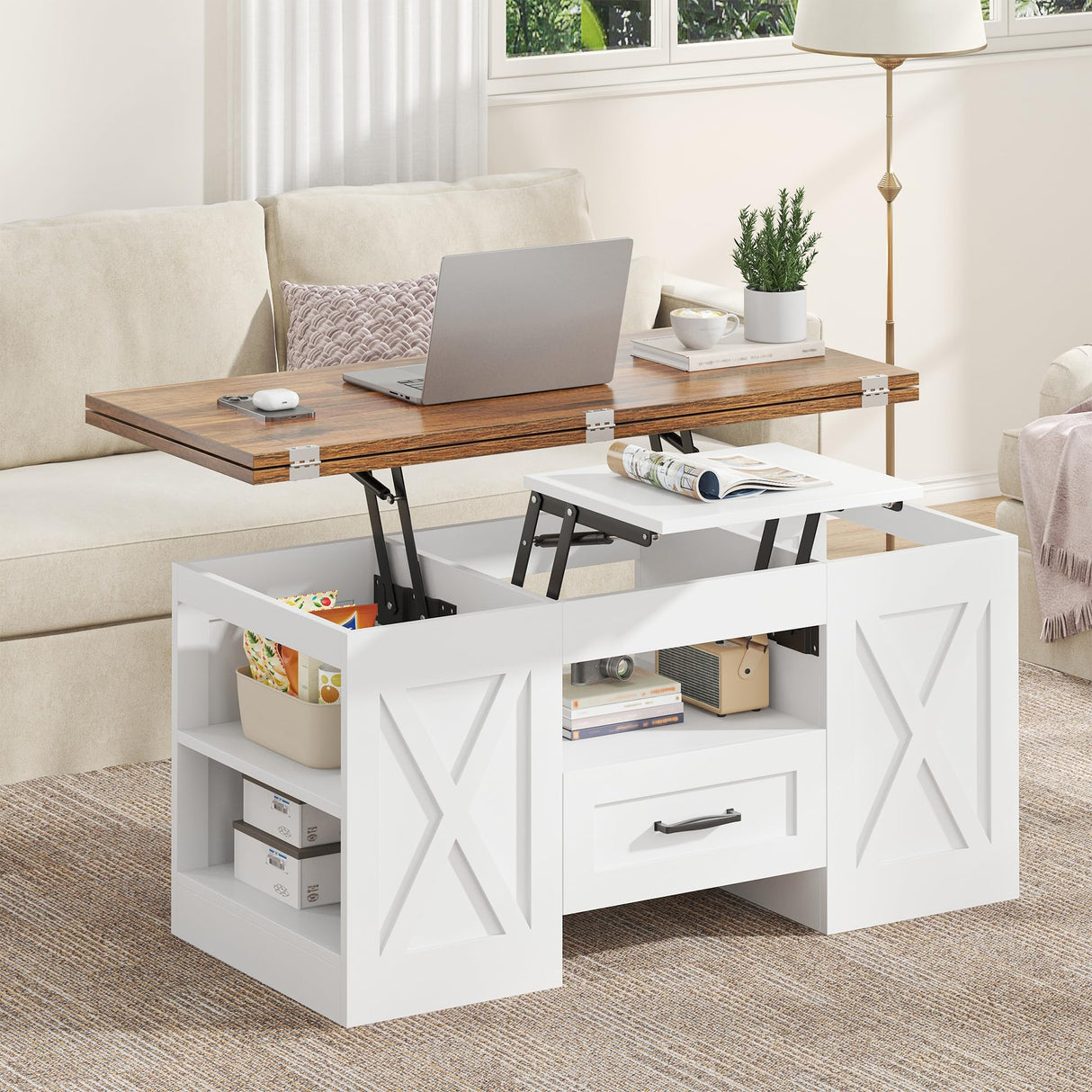 kepptory 39.4'' Lift Top Coffee Table with Storage, 4 in 1 Multi-Function Convertible Coffee Tables for Living Room, Farmhouse Coffee Table with Open Storage Compartment & Drawers (Brown&White) kepptory
