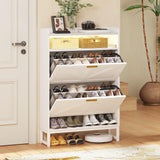 spanspace Freestanding Shoe Storage Cabinet for Entryway, Farmhouse Shoe Rack Cabinet with Open Shelf & 2 Flip-Drawer, Metal Legs for Hallway spanspace