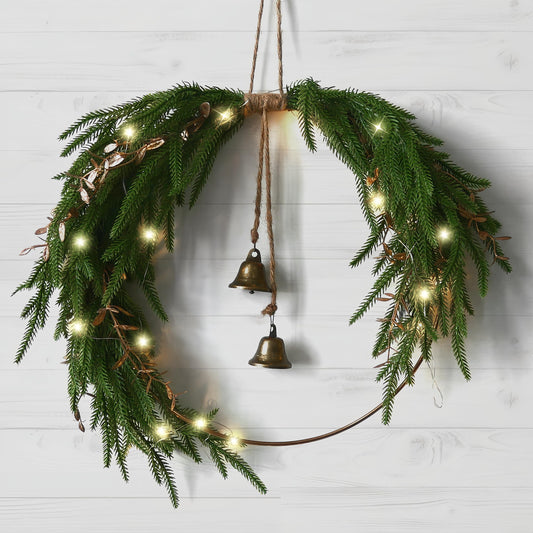 Stranthother Norfolk Pine Christmas Wreath with Light and Bell Vintage Christmas Decor Artificial Christmas Front Door Wreath Christmas Hoop Wreath for Wall Windows Mantle Outdoor Outside