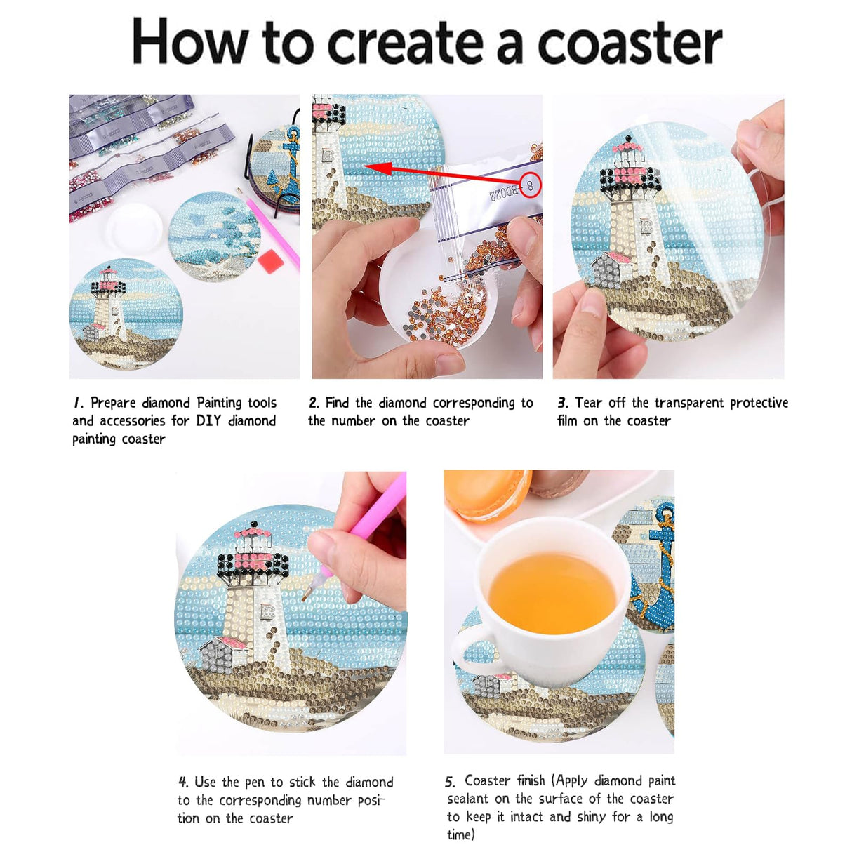 askkqtx 8 Pcs Beach Diamond Art Coasters Kits with Holder, Sea Diamond Painting Coasters Kits for Adults, Light House DIY 5D Diamond Dots Small Mini Kit Full Drill Art Craft Supplies 4X4 Inch askkqtx