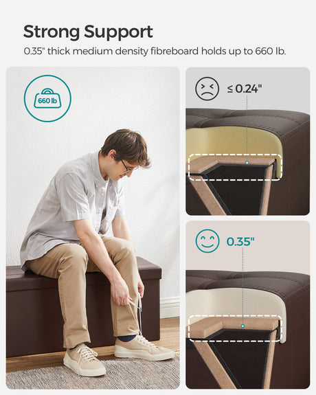 SONGMICS 43 Inches Folding Storage Ottoman Bench, Storage Chest, Footrest, Coffee Table, Padded Seat, Faux Leather, Holds up to 660 lb, Brown ULSF703, L(15 x 43 x 15 Inches) SONGMICS
