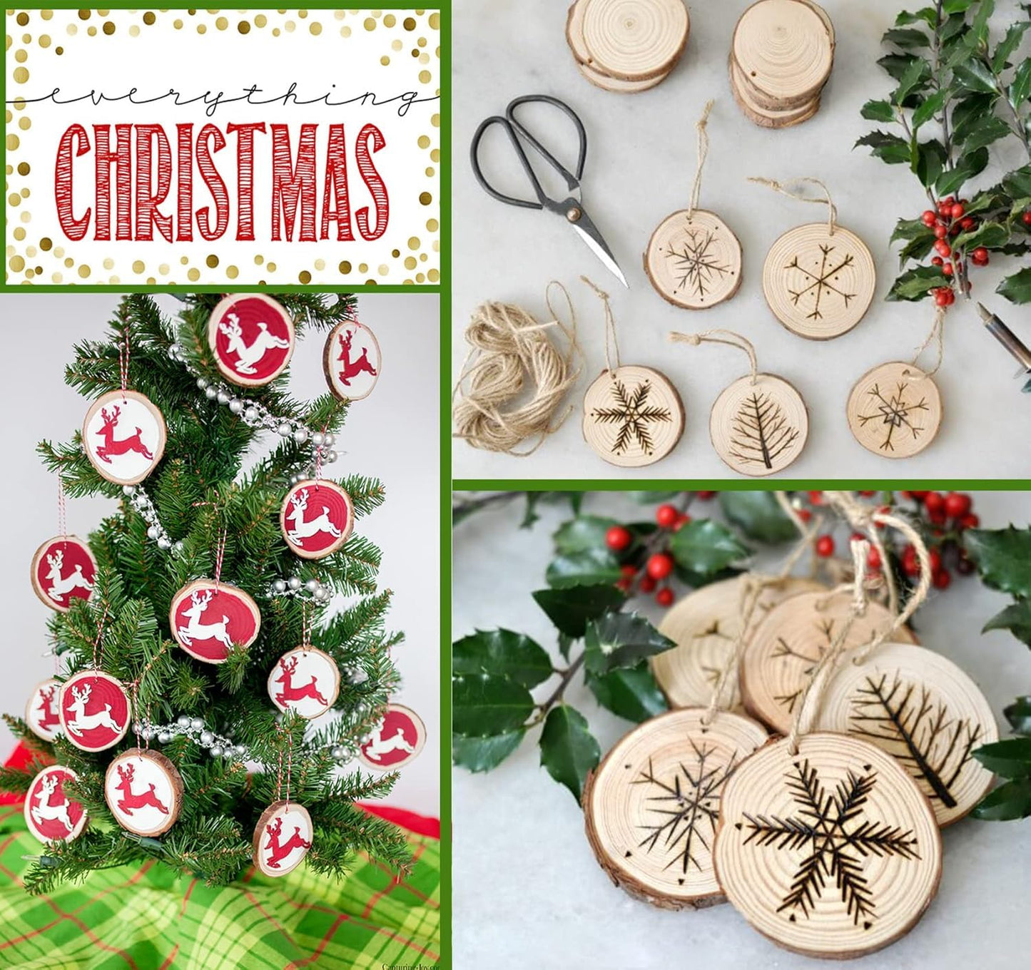 ilauke Wood Slices, 50PCS 2.4"-2.8" Unfinished Natural Wooden Christmas Ornaments Kit with Pre-drilled Hole, Acrylic Paint Pattern Stencils, DIY Crafts for Xmas Ornaments Party Holiday Decor