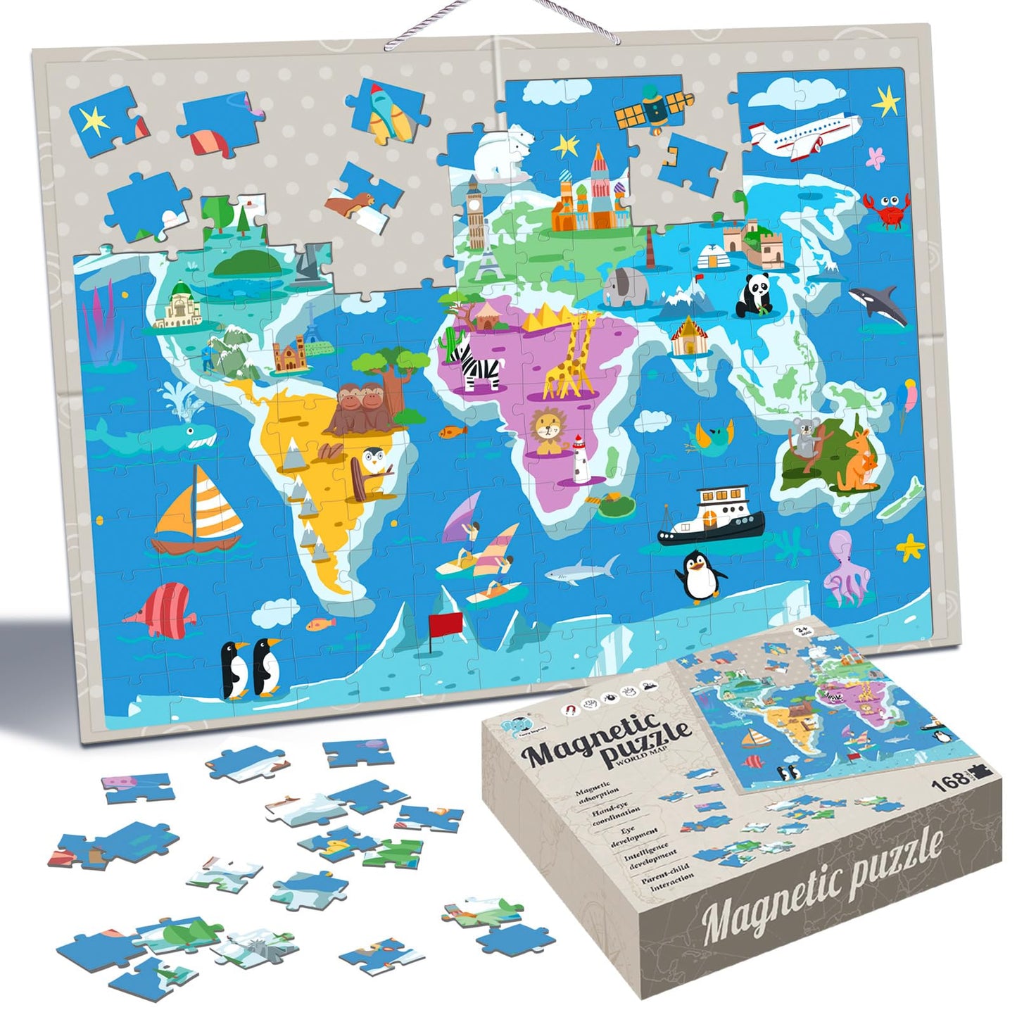 ZILEMOPO Magnetic World Map Puzzles for Kids Ages 3-4-5-8-12, 168 Pieces with Magnetic Board Wall Mounted Puzzle, Geography Games Educational Toys Best Gift for Boys and Girls 3+ Years Old