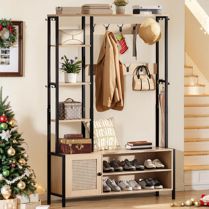 VECELO Hall Tree for Entryway, 5-in-1 Coat Rack with Bench Shoe Storage 2-Tier Storage Shelf, Coat Rack with 9 Hooks, Storage Shelves for Hallway Bedroom 47.2 x 13.78 x 70.87, Beige