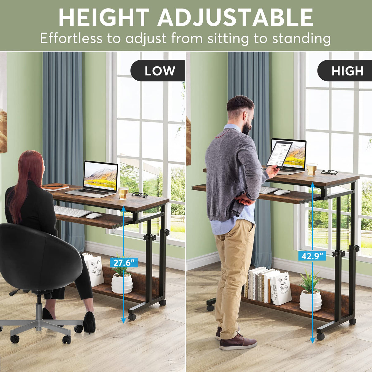 Tribesigns Portable Desk for Sofa and Bed, Height Adjustable Laptop Table Small Standing Desk Rolling Computer Cart with Keyboard Tray on Wheels for Home Office Tribesigns