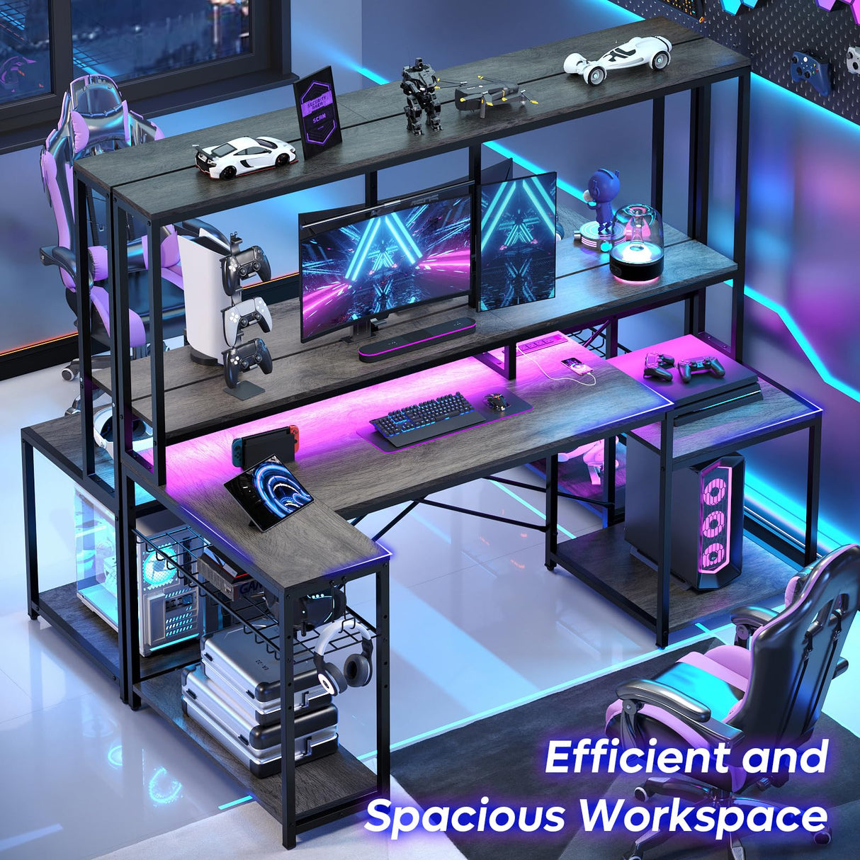 Bestier 71.5” Computer Desk, Gaming Desk with Long Monitor Stand and Hutch, Large L Shaped Corner Desk with Storage Shelf & Printer Stand Headset Hooks, Gamer Desk, Grey Oak Bestier