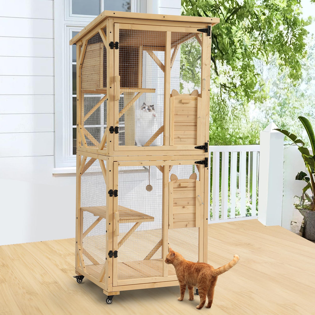 MAGIC UNION 71" Catio Outdoor Cat Enclosure Window Access, 4 Tiers Cats Playpen with Wheels, Resting Box & Waterproof Roof, Indoor Large Cat House Cage with Scratching Post Sisal Ball (Original Wood) MAGIC UNION