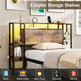 Maupvit Twin Bed Frame with 3-Tier Storage Shelves, Storage Drawer and Headboard, Twin Size Bed with Charging Station & LED Lights, Metal Platform Bed with Storage, No Box Spring Needed, Brown Maupvit