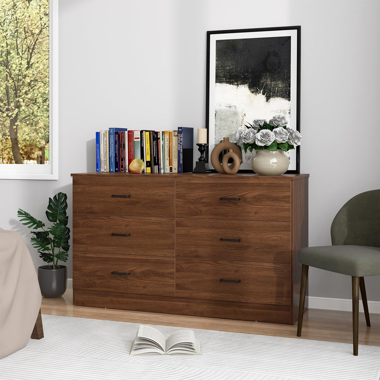 Bigbiglife Wood Dresser for Bedroom, 6 Drawer Double Dresser, Modern Chest of Drawers with Deep Drawers, Large Storage Organizer for Living Room, Closet,15.8" D x 47.2" W x 27.7" H (Walnut Brown) Bigbiglife