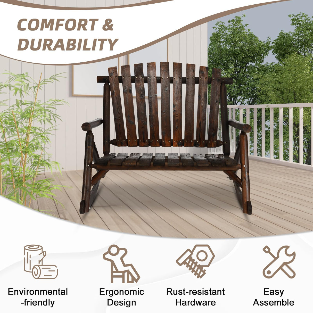 EPICOZY Outdoor Double Wooden Rocking Bench, Adirondack Porch Rocker Chair for 2 Persons, Patio Rustic Log Rocker Loveseat with High Slatted Seat & Backrest for Deck, Backyard, Garden, Carbonized EPICOZY