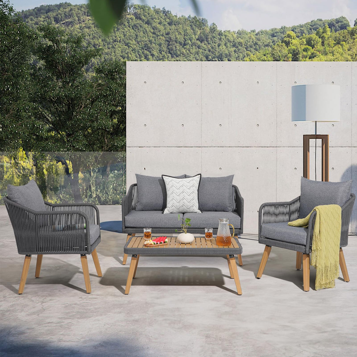 Patiorama 4 Piece Patio Furniture Set, Outdoor FSC Certified Acacia Wood Conversation Set, All-Weather Rope Sofa Set w/Coffee Table, Loveseat, Modern Deep Seating Set for Lawn Balcony Poolside, Grey Patiorama