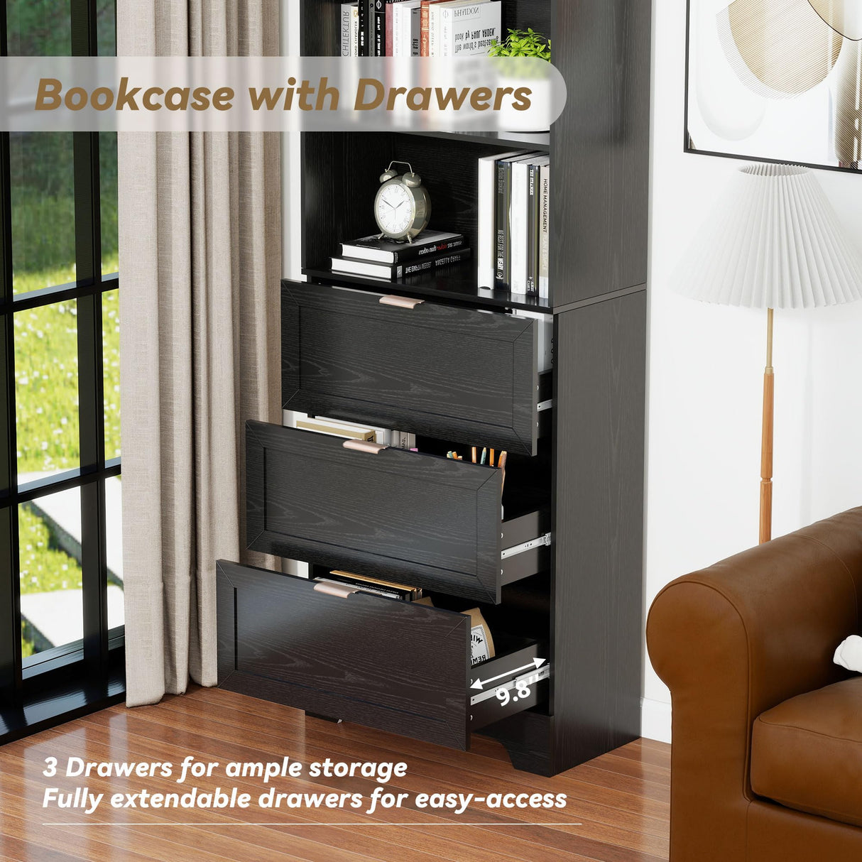 FTZxHKLX Modern Black Bookshelves and Bookcases with Drawers, 6 Tier Tall Bookshelf with Drawers, Industrial Wood Bookcase, Floor Standing Display Case with Storage,Living Room,Office FTZxHKLX
