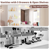 IRONCK Vanity Desk with Mirror and Lights, Small Makeup Vanity Table with 5 Drawers, Power Outlet, and Vanity Stool, 3 Lighting Colors, Dressing Table for Women Girls Bedroom, White IRONCK