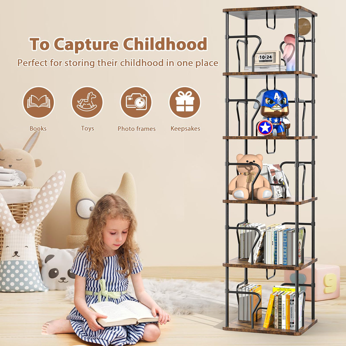 VYRIVA 5 Tier Square Rotating Bookshelf Tower, Spinning Bookshelf, 360° Display Round Bookcase, Floor Standing Corner Revolving Bookshelf Organizer Storage Rack for Home Study Office, Small Spaces VYRIVA