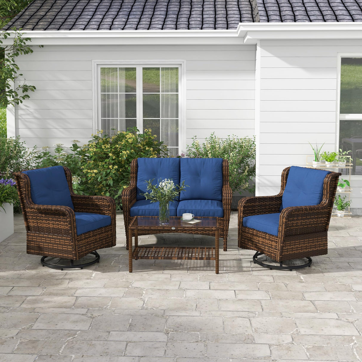 Outsunny 4 Piece PE Rattan Outdoor Patio Furniture Set, Wicker Conversation Set with 2 Swivel Rocking Chairs, 2-Tier Glass Table and Loveseat for Garden, Patio, Poolside, Blue Outsunny
