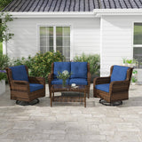 Outsunny 4 Piece PE Rattan Outdoor Patio Furniture Set, Wicker Conversation Set with 2 Swivel Rocking Chairs, 2-Tier Glass Table and Loveseat for Garden, Patio, Poolside, Blue Outsunny