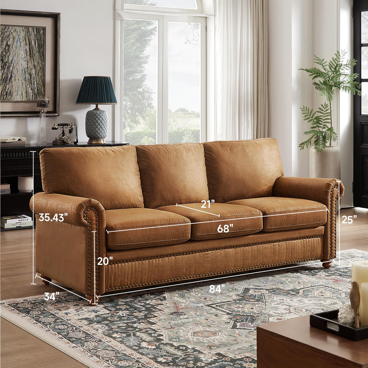 ONBRILL 84" Faux Leather Couch, Mid-Century Modern Couch w/Brass Nailhead Trim, 3 Seater Leather Sofa Couch w/Rolled Arm, Pocket Spring Cushions, Gourd Feet, Brown Couch Leather Sofas for Living Room ONBRILL