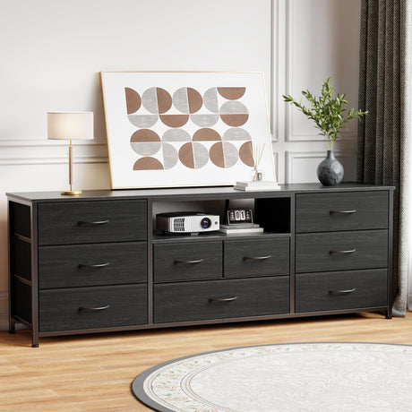 Furnulem 9 Drawer Dresser, 63” Long TV Stand for Bedroom, Entertainment Center with Power Outlet & LED Light for 65"-75" TV, Black Dresser with Fabric Storage Drawers for Closet Furnulem