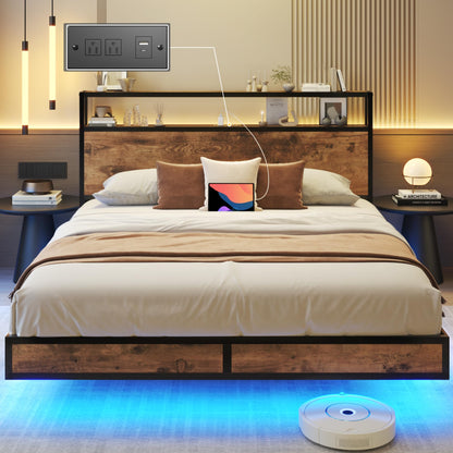 HISOFT Floating Queen Bed Frame with LED Lighting, USB Charging, and 2-Tier Storage - Vintage Brown - WoodArtSupply