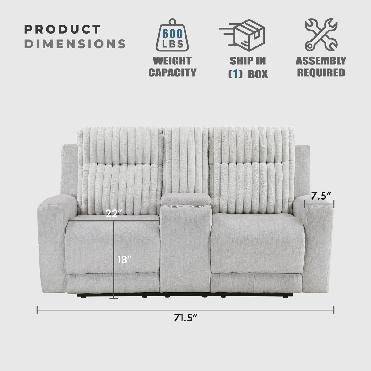 Lexicon Modern Double Recliner Loveseat with Center Console, Manual Wall Hugger Textured Microfiber Love Sac Couch, Plush Corduroy Channel Seat Back, Manual Recliner Loveseat, Light Gray Lexicon