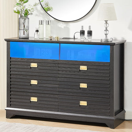 LIDYUK Dresser for Bedroom, 6 Drawers Wood Dresser with Charging Station, Farmhouse Vintage Wooden Dresser with LED Lights, Wide Low Chest of Drawers for Bedroom, Living Room, Black LIDYUK