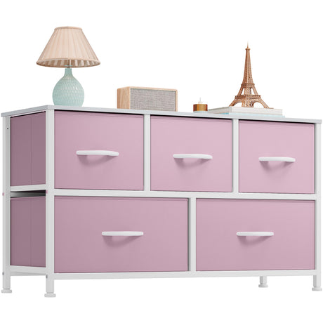 YITAHOME Wide Storage Tower with 5 Drawers - Fabric Dresser, Organizer Unit for Bedroom, Living Room, Closets & Nursery - Sturdy Steel Frame, Easy Pull Fabric Bins & Wooden Top (Pink) YITAHOME
