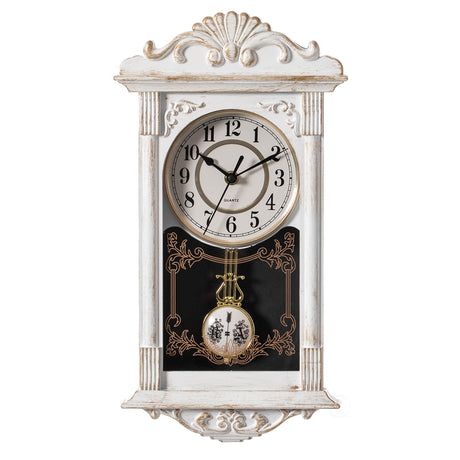 Clockswise Vintage Grandfather Wood-Looking Plastic Pendulum Decorative Battery-Operated Wall Clock Brown, for Office, Home Decor, Living Room, Kitchen, or Dining Room, White Clockswise