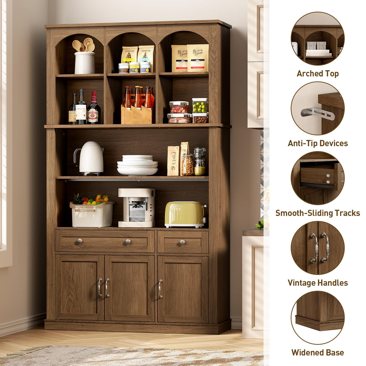 RALGEND 73.2" Tall Farmhouse Arched Bookshelf with Drawer and Door, 6 Tier Mid Century Modern Book Shelf and Bookcase with Storage, Floor Standing Display Cabinet for Living Room, Home Office, Walnut RALGEND