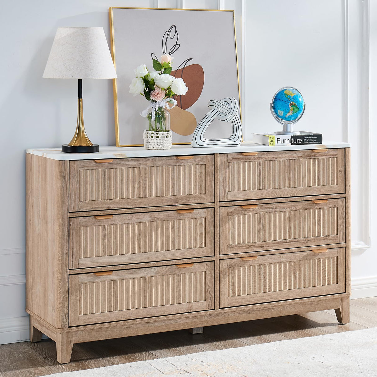 6 Drawers Dresser for Bedroom, 54" Large Storage Dresser, Farmhouse Wood Dressers with Faux Marble Top, Modern Dressers & Chests of Drawers for Living Room Entryway, Fluted Curved Profile, Natural Oak GIAJORYA