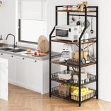 IDEALHOUSE Kitchen Bakers Rack, Microwave Oven Stand with 2 Large Wire Basket, Industrial Coffee Bar Station, 5-Tier Kitchen Utility Storage Shelf with 8 Hooks for Spice, Pots Organizer, Rustic Brown IDEALHOUSE