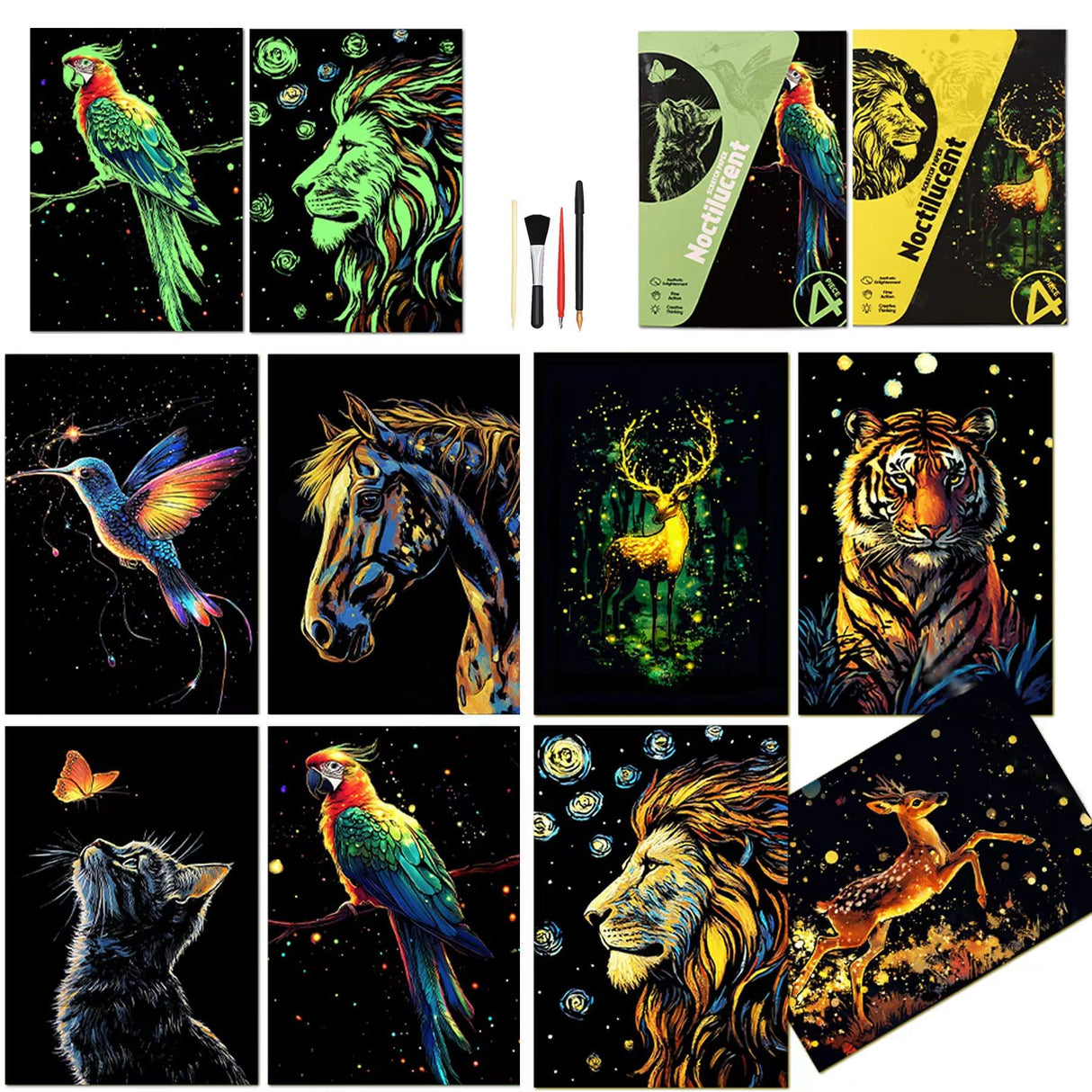 Scratchboard Art for Adult Luminous Scratch Painting Kits, A5 Scratch Art Rainbow Painting Paper 8 Sheet with 4 Tools, Scratchboard for Teens & Adults, Fun Creative Craft Toy/Gifts/Decor, Animals BulChign